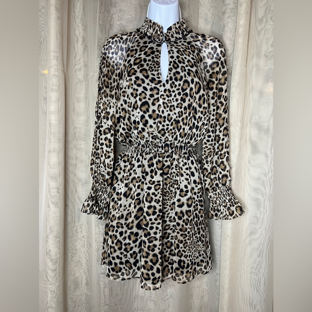 Rachel Roy Leopard Print Mini Dress Chiffon Sheer Long Sleeve Punk Goth Pinup S